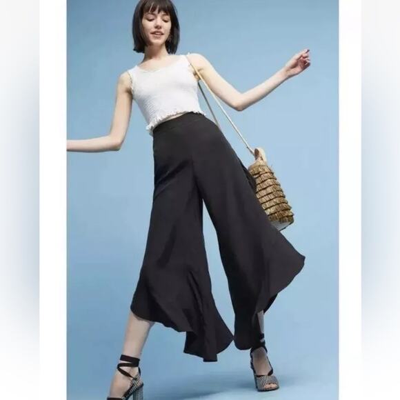 ANTHROPOLOGIE ELEVENSES ANTILLES WIDE LEG BLACK RUFFLE PANTS SIZE 0 - Picture 2 of 10